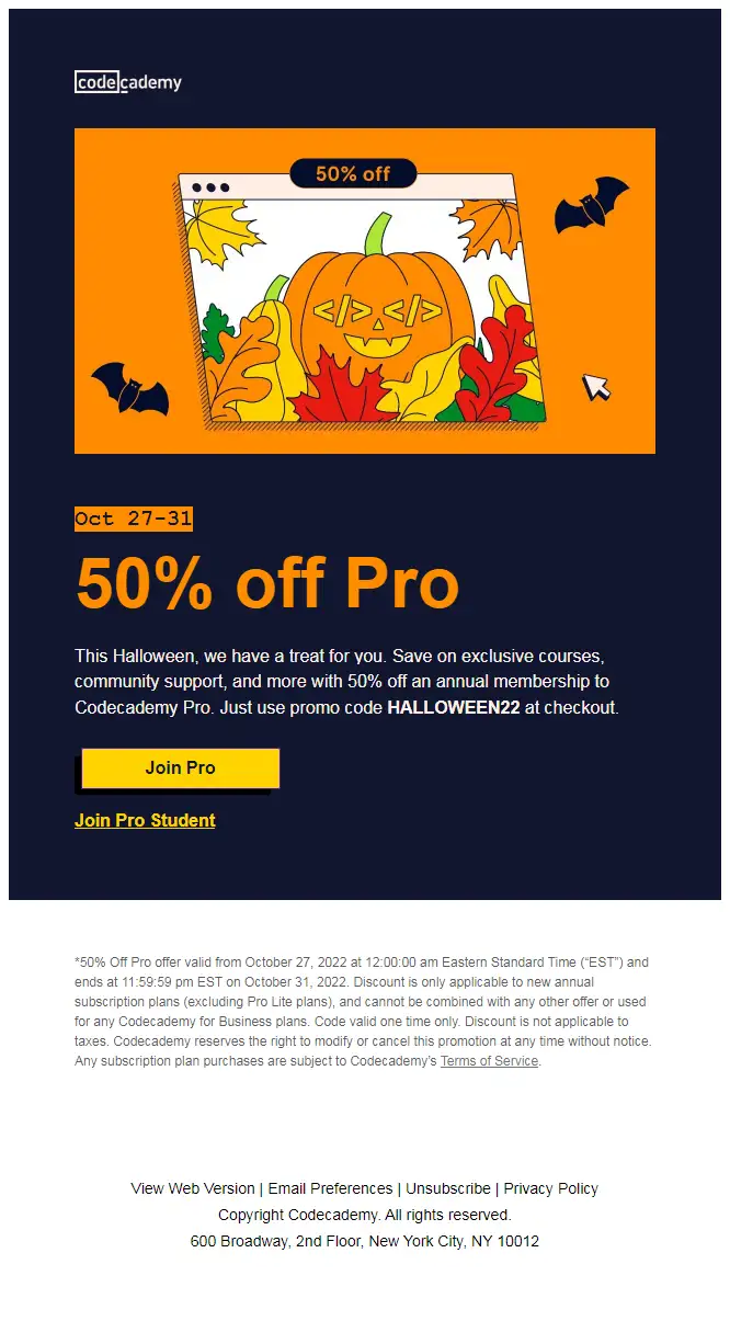 Halloween email design from Codecademy