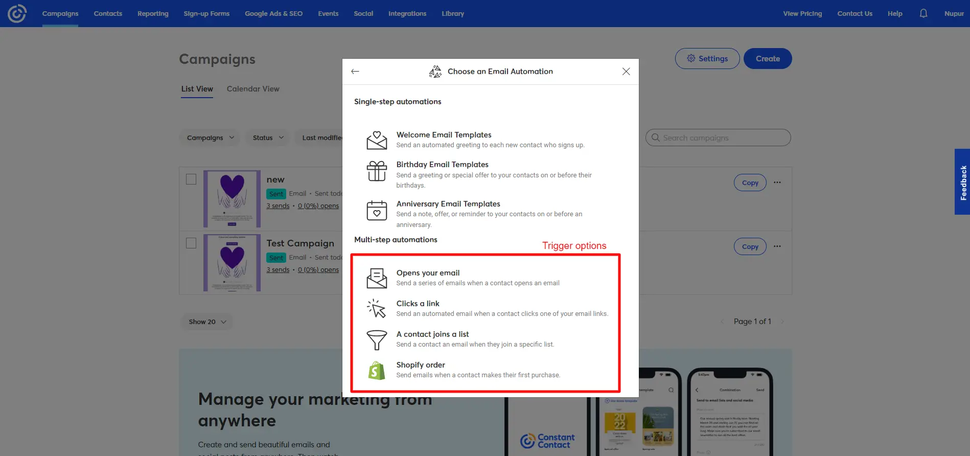 Constant Contact Email Automation Trigger Options