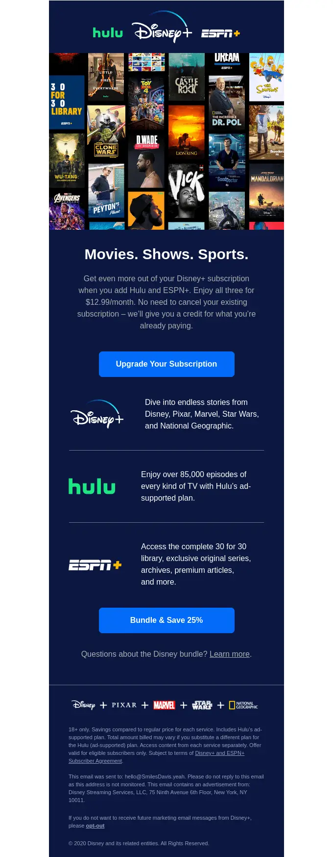 Upselling email design from Disney