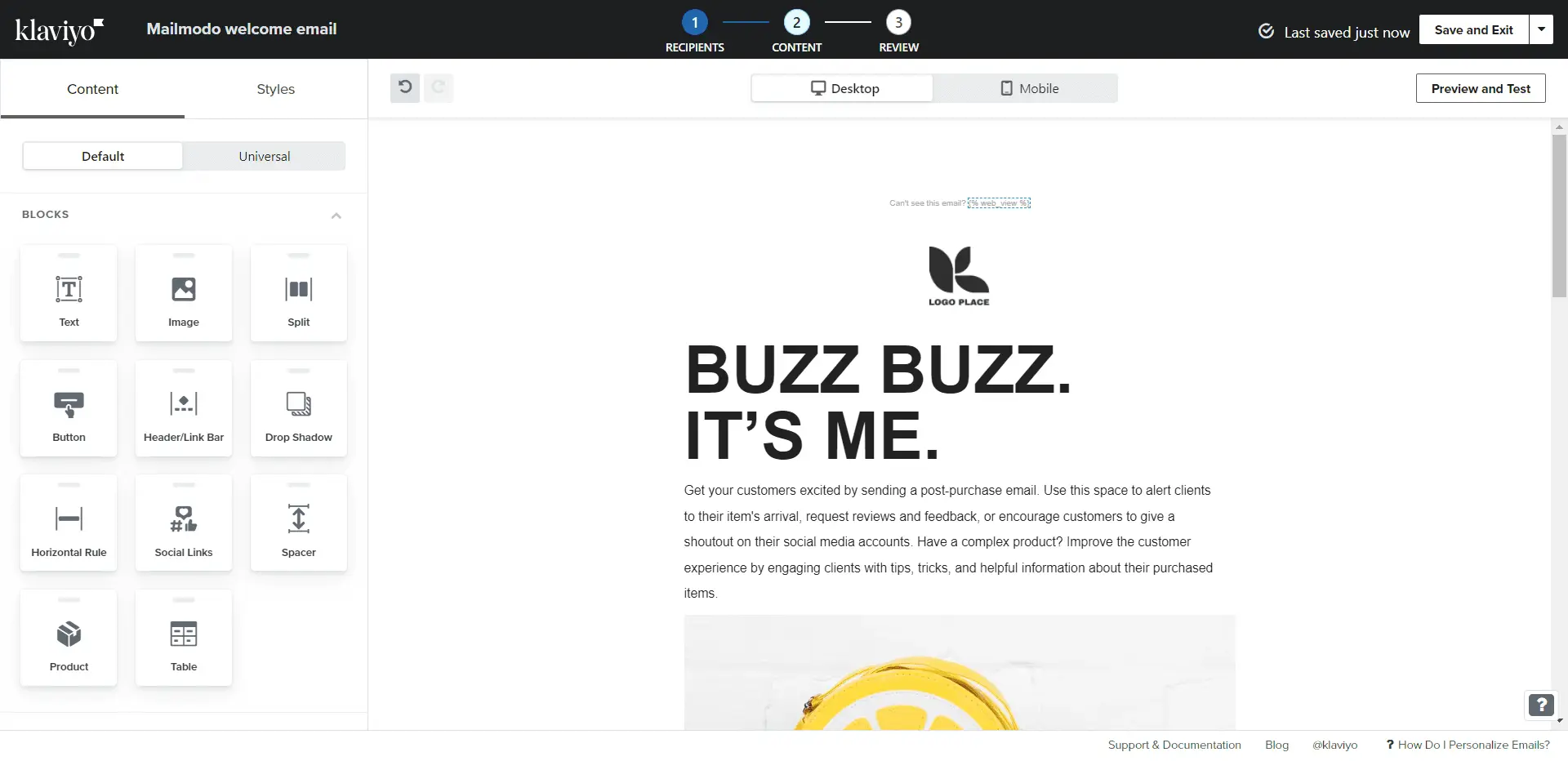 Klaviyo's drag and drop email template builder