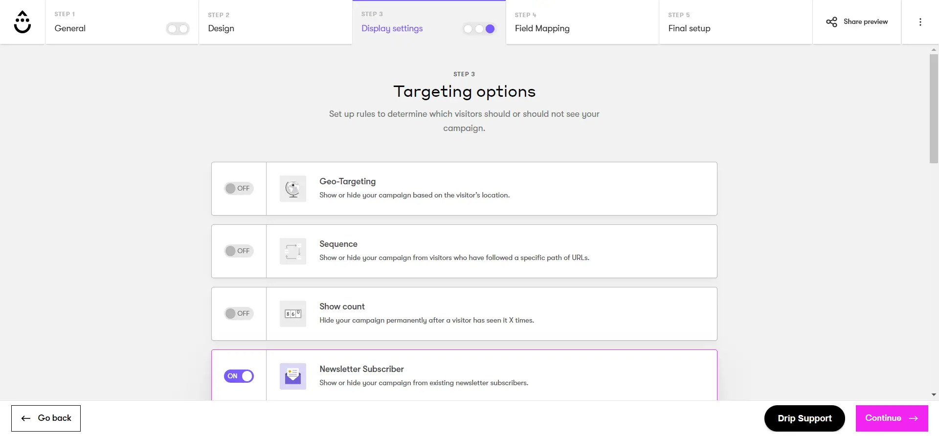 Drip ESP form targeting options