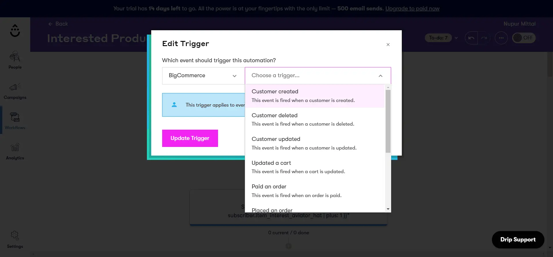 Drip ESP email automation triggers