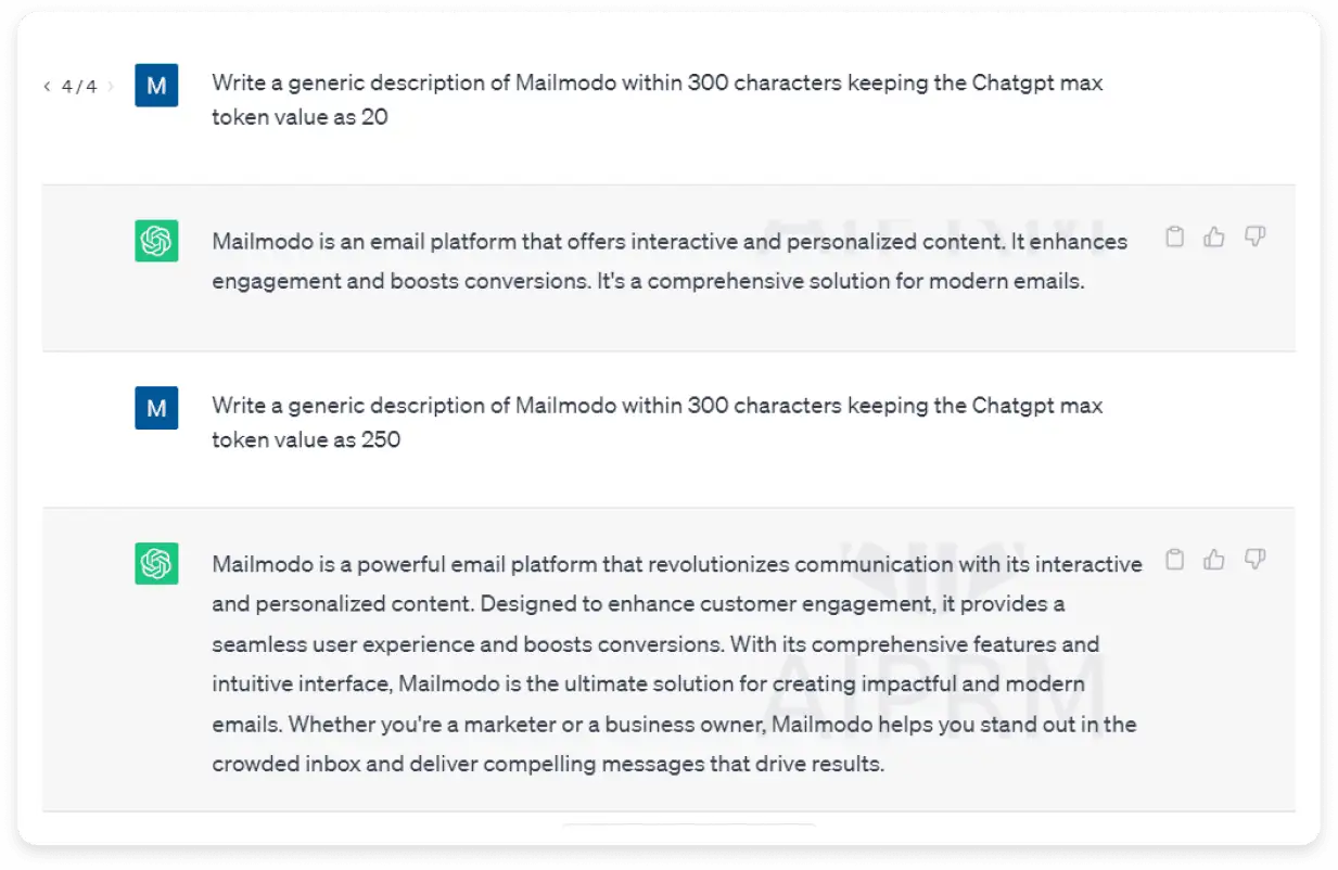 A screenshot showing how max token value value affects the response generated by ChatGPT