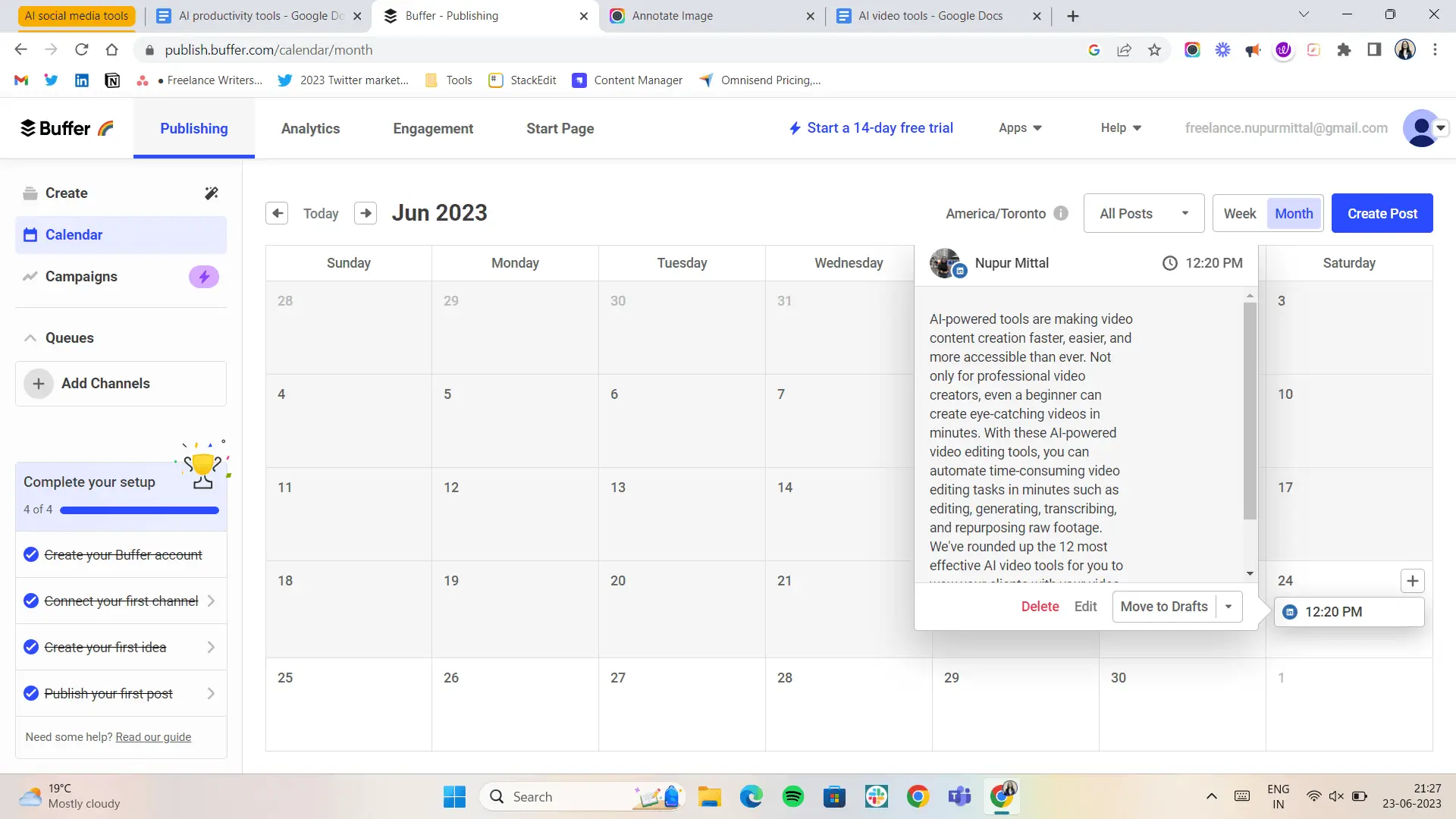 Snapshot of Buffer AI tool and social media calendar dashboard