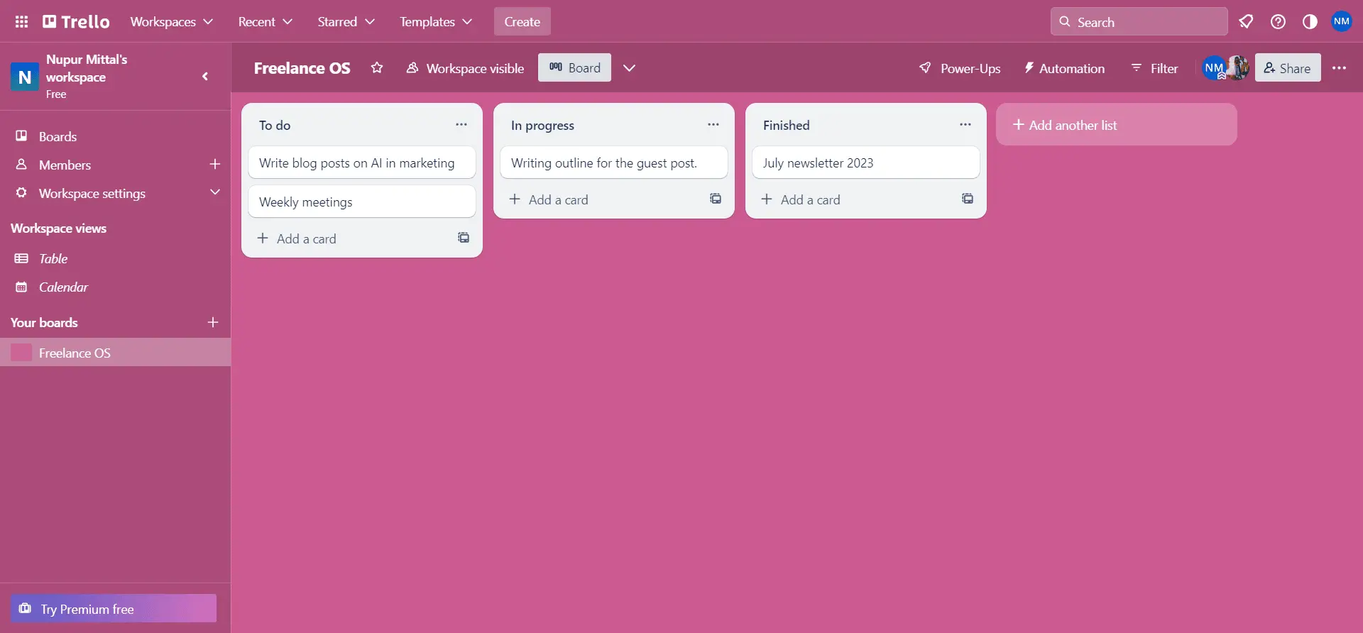 Snapshot of Trello boards