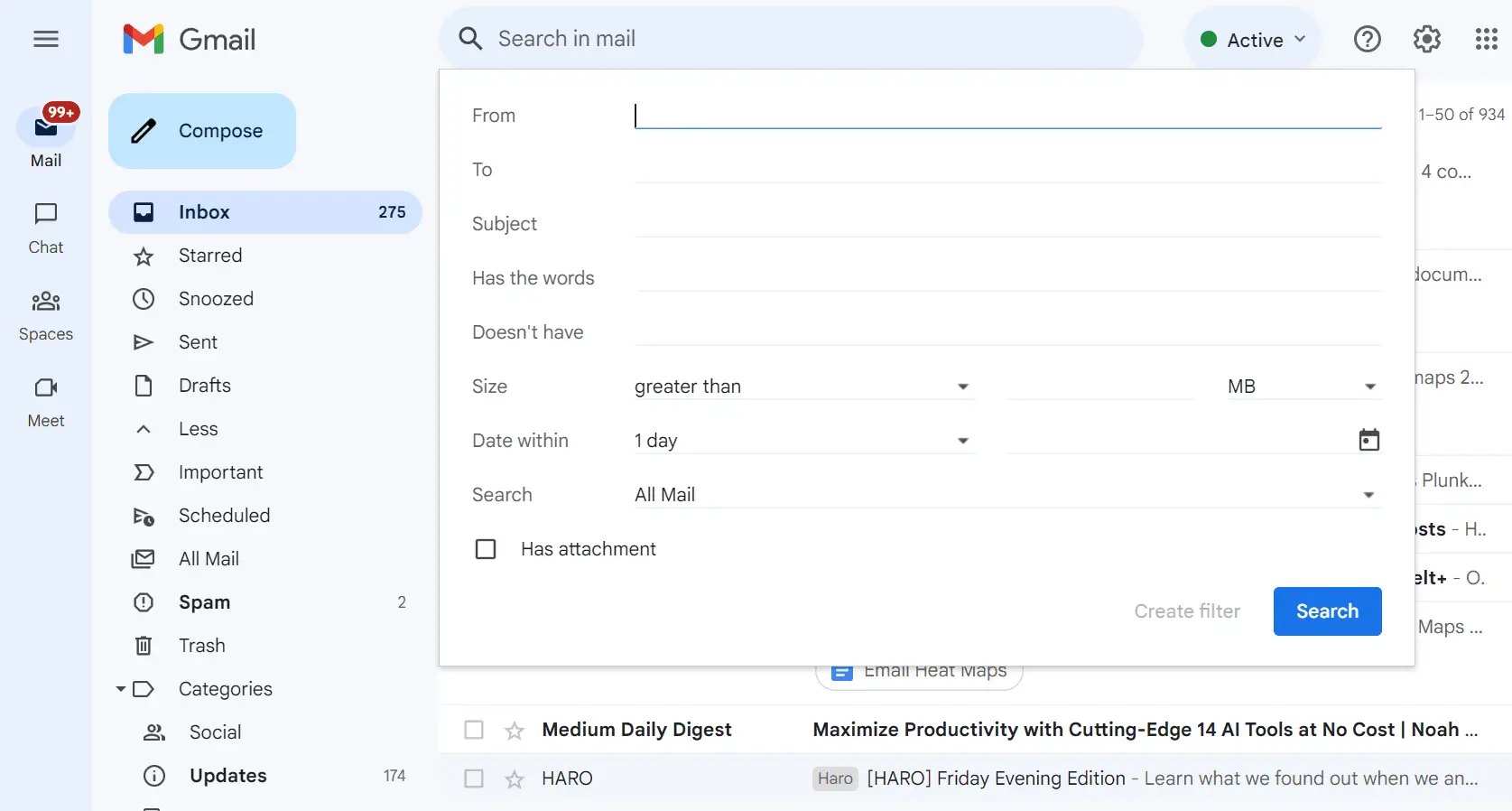 An image showing filter option in Gmail