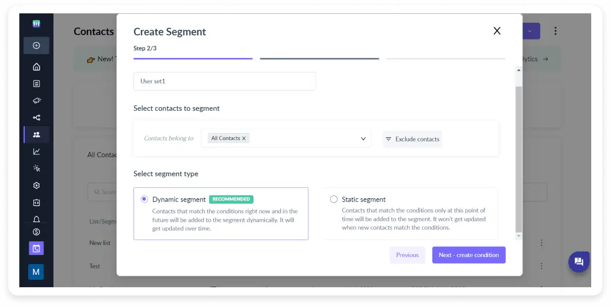 An image showing audience segmentation options in Mailmodo