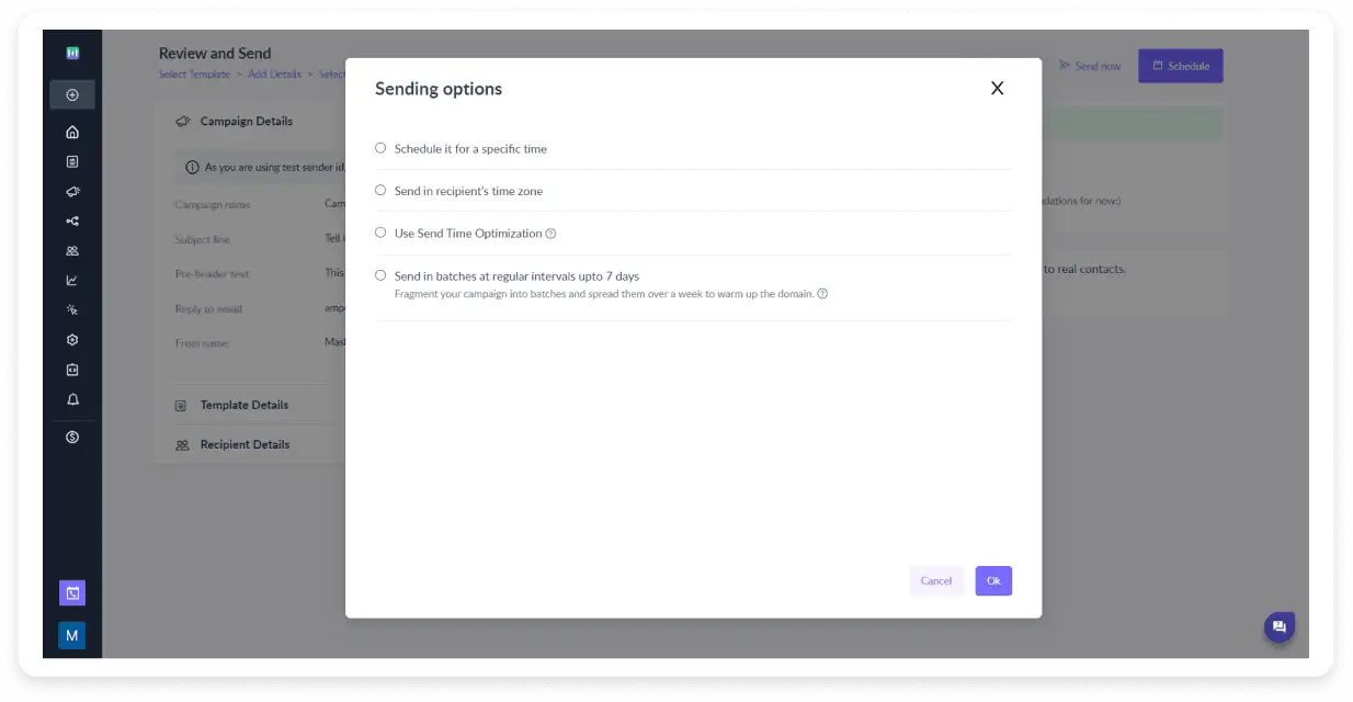 An image showing the different scheduling options in Mailmodo