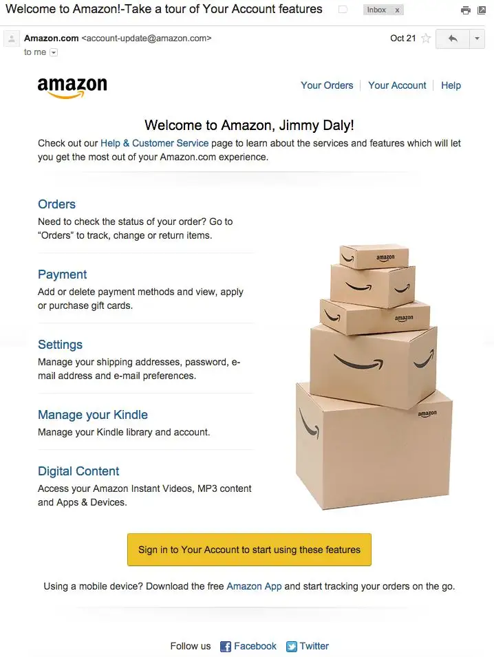 Amazon welcome email