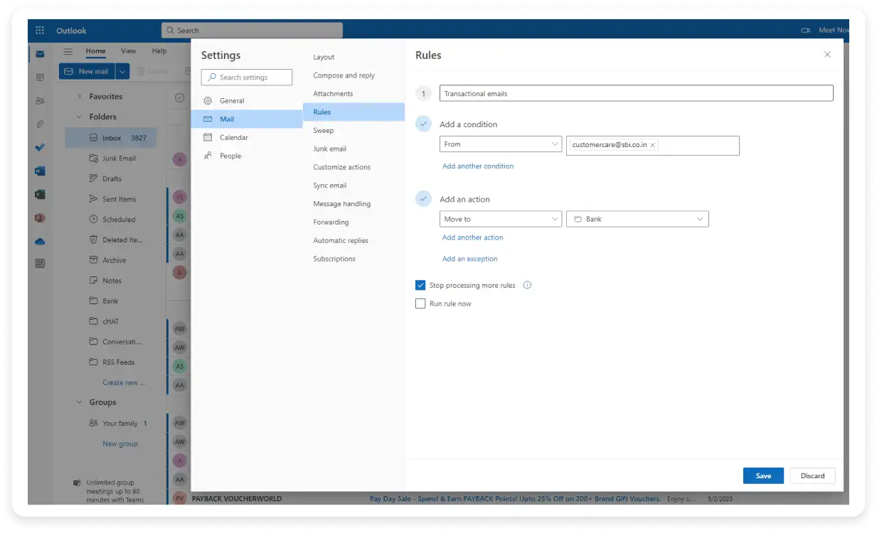 Image showing outlook rule setup