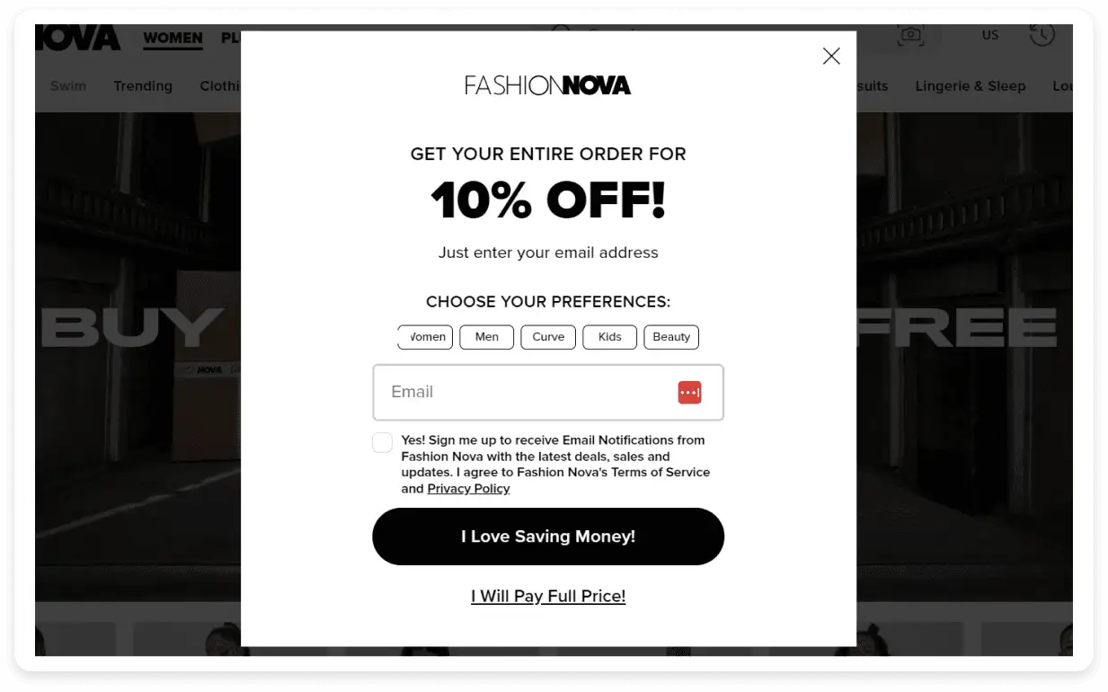 An image showing a popup on the website of fashionnova