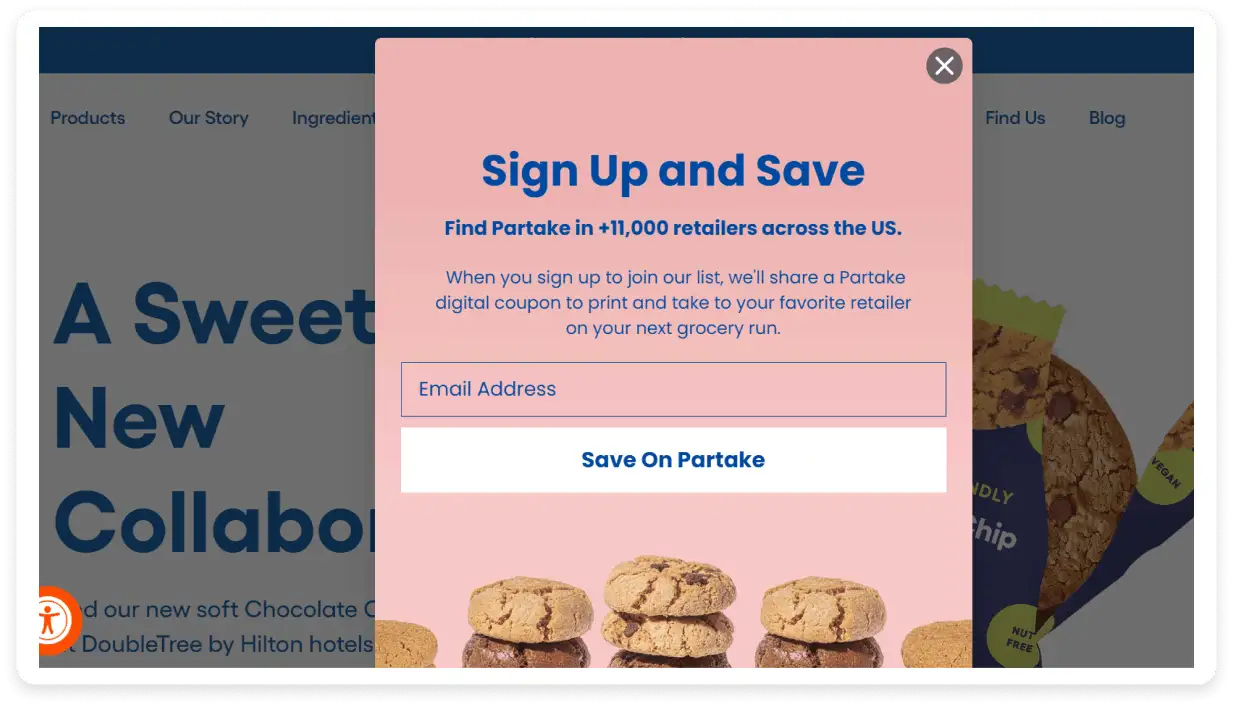 An image showing a popup on the website of partake foods