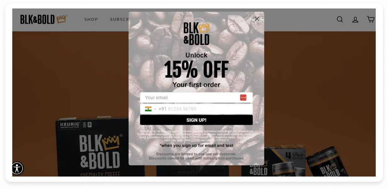 An image showing a popup on the website of Blk & Bold