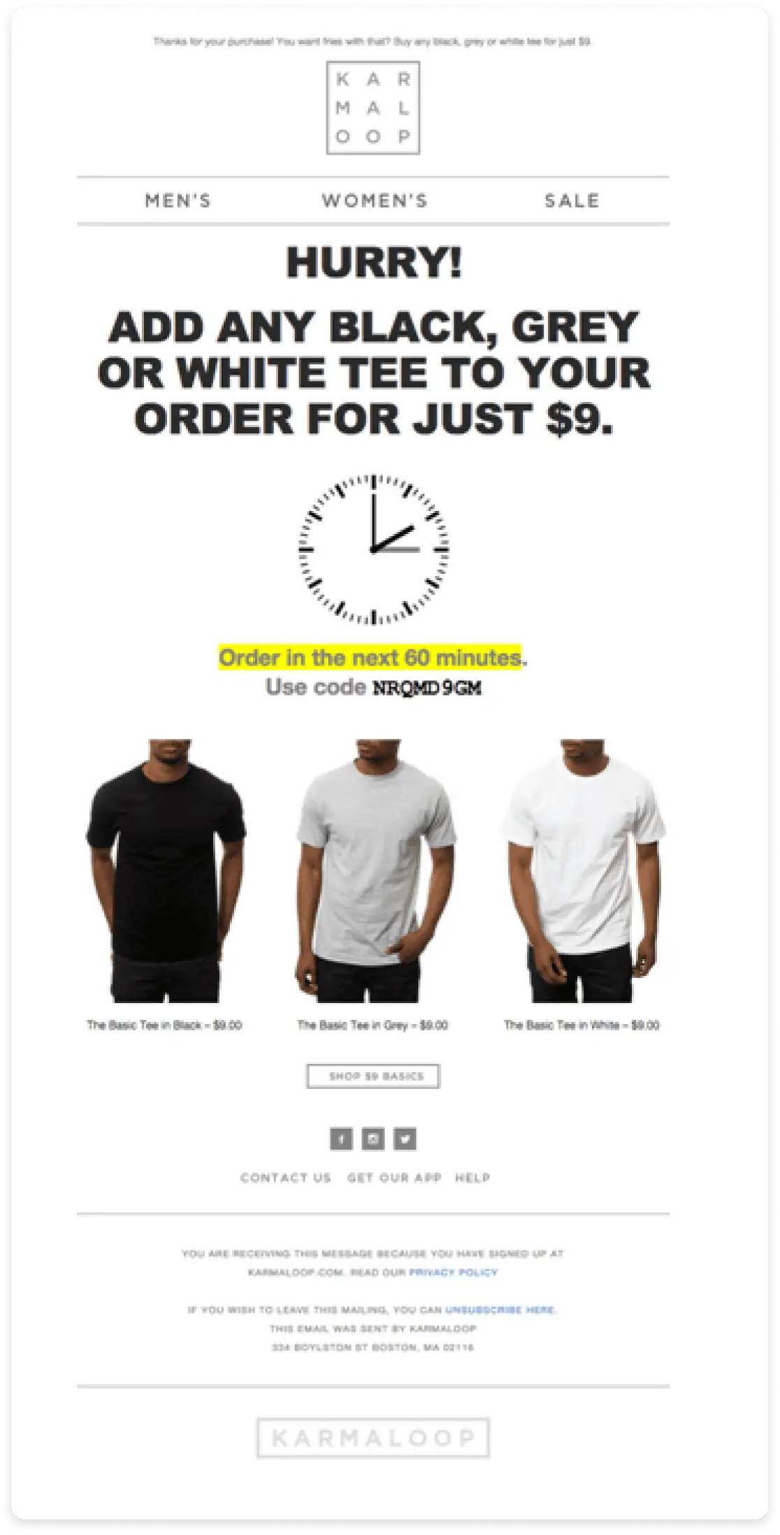 An image showing Bounce back coupon example - Karmaloop