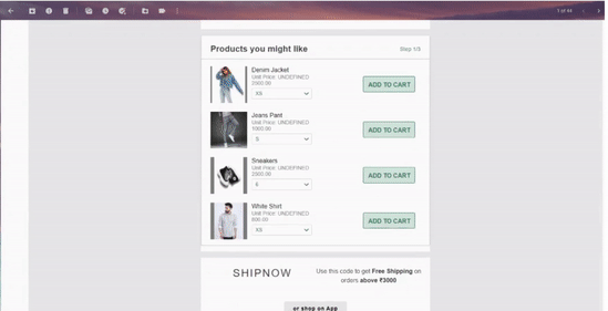 Product cart within an interactive email