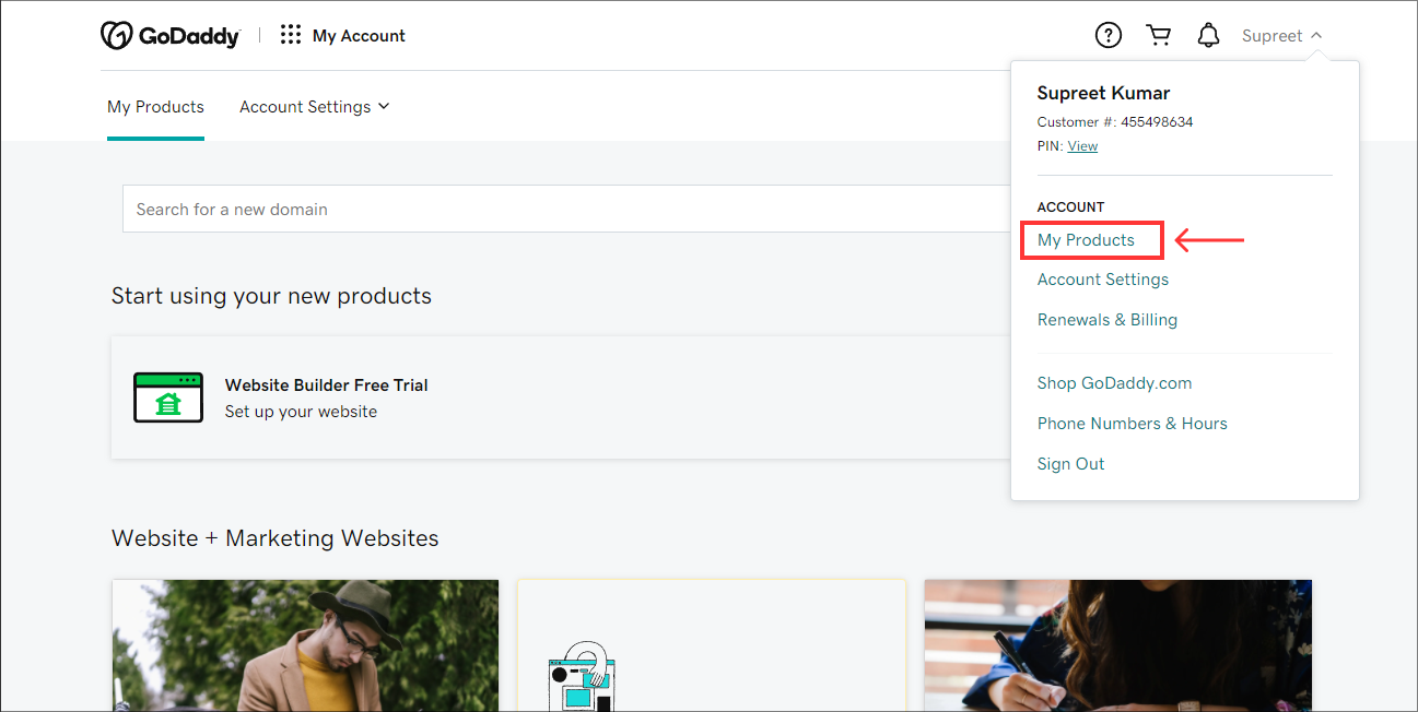 GoDaddy account setup. Step 1: Go to my products after sign-in.