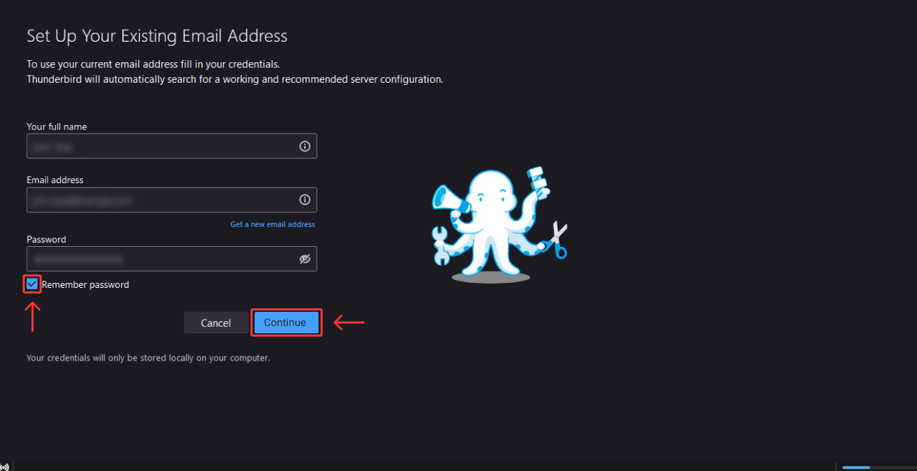 Thunderbird email account setup. Step 2: Check "Remember password" and click continue.