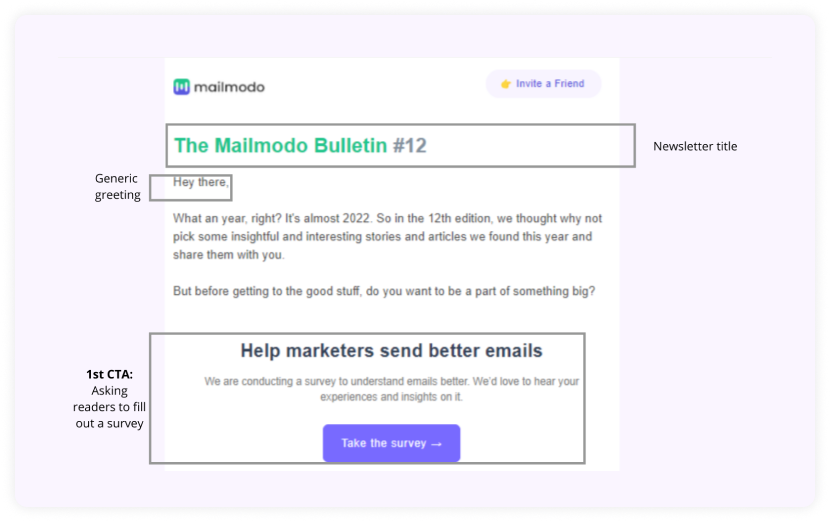 Newsletter email format - Headline, greeting, and first CTA