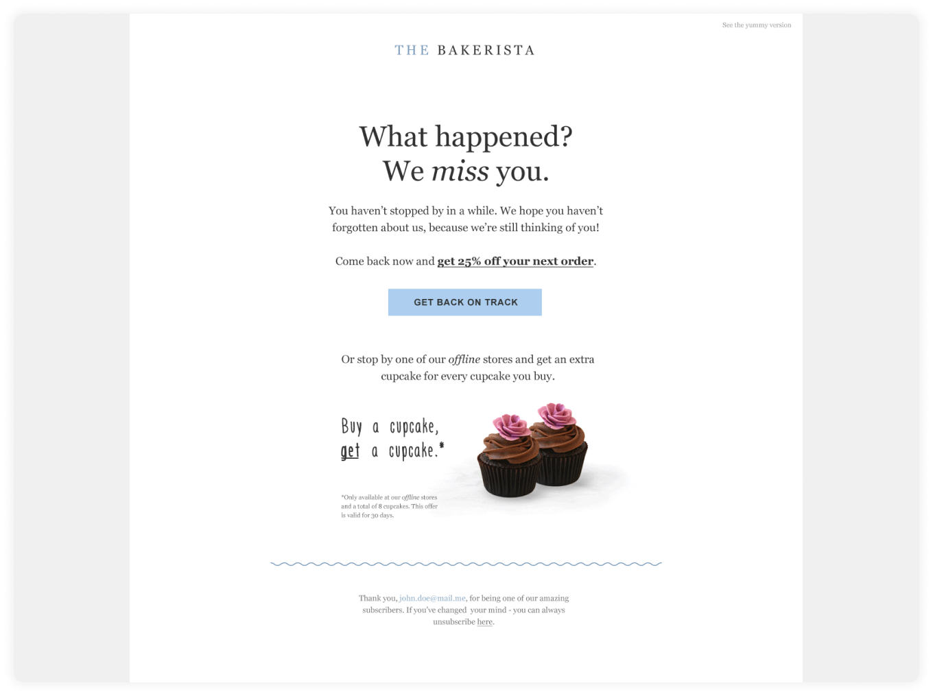Win-back email by The Bakerista 