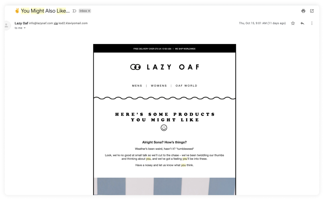 Lazy Oaf's using cross-sell emails  - Product recommendation