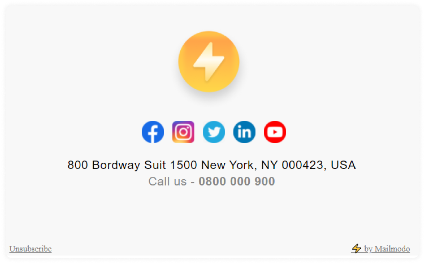 Email footer with social media buttons and unsubscribe link