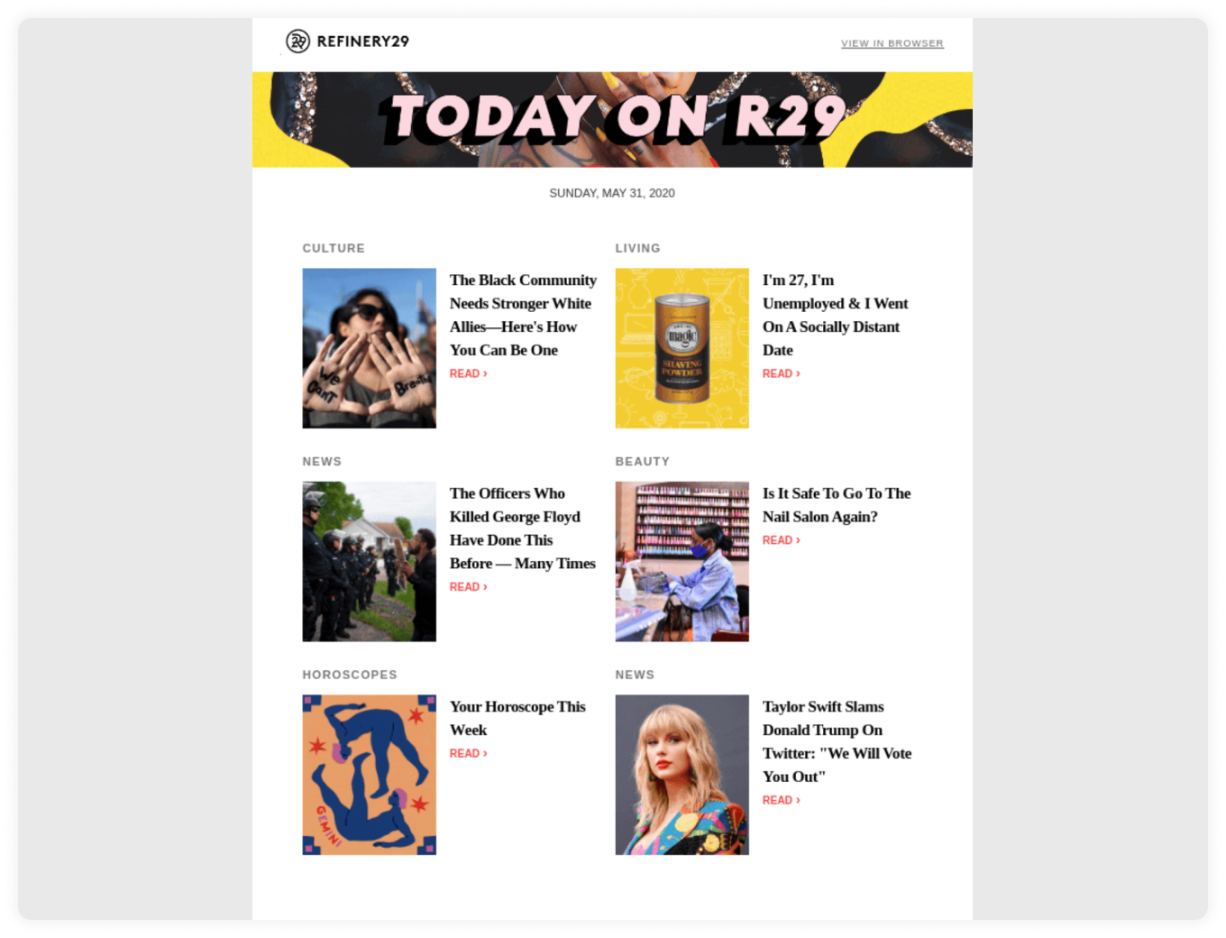 News roundup newsletter by Refinery 29