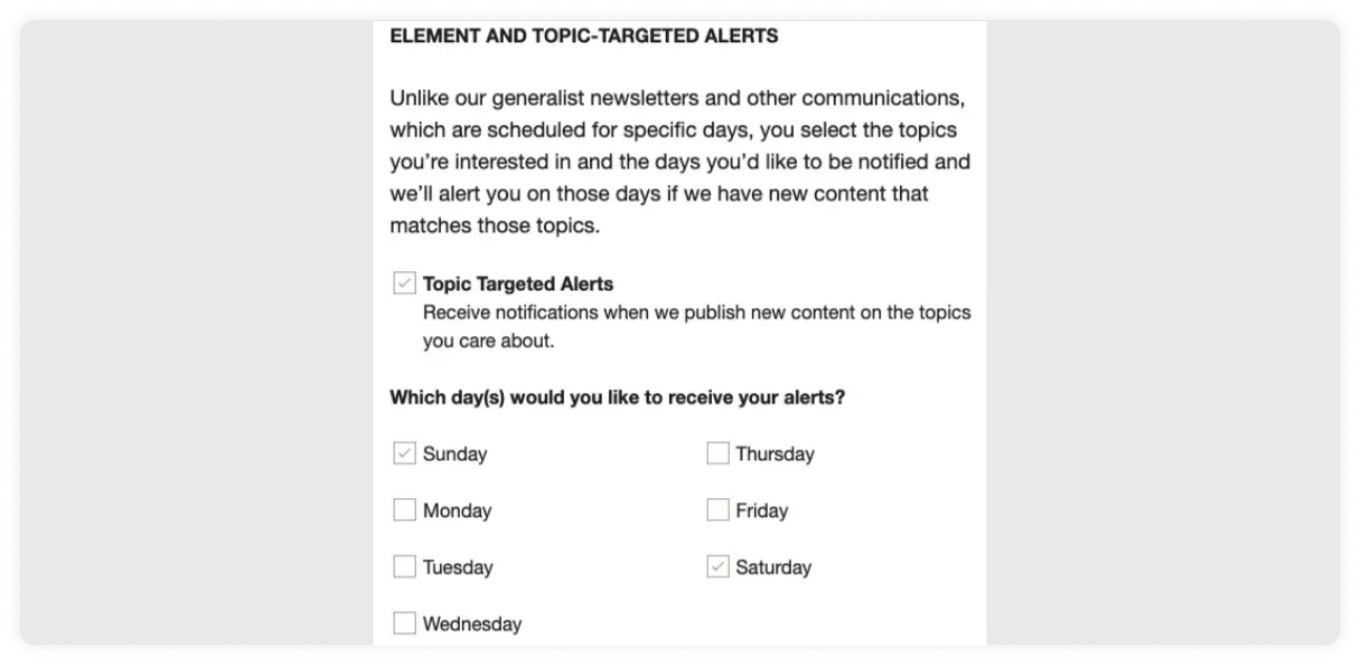 Marketingprofs giving users an option to manage frequency of emails.