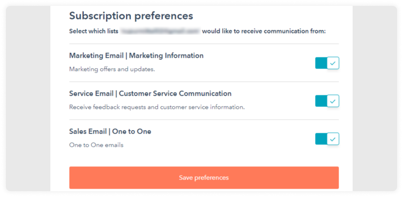 Preference center - Options to choose email content