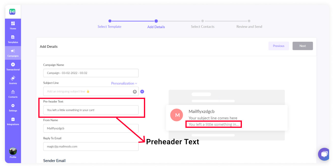 Add preheader text after creating your email in Mailmodo