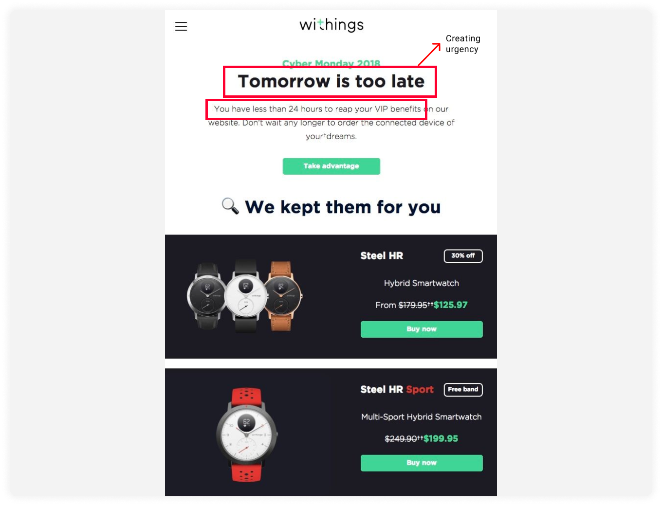 Creating urgency in email with heading: "Tomorrow is too late."