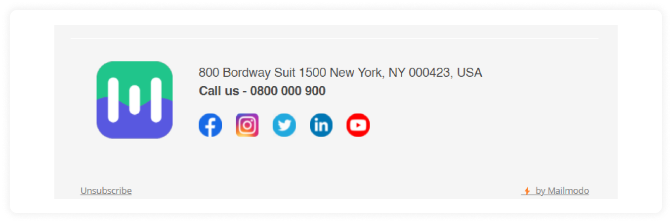 Mailmodo's email footer: Contact details, and unsubscribe link