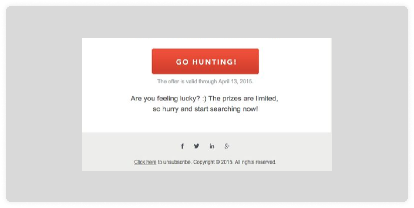 Creative email CTA button: "Go hunting."