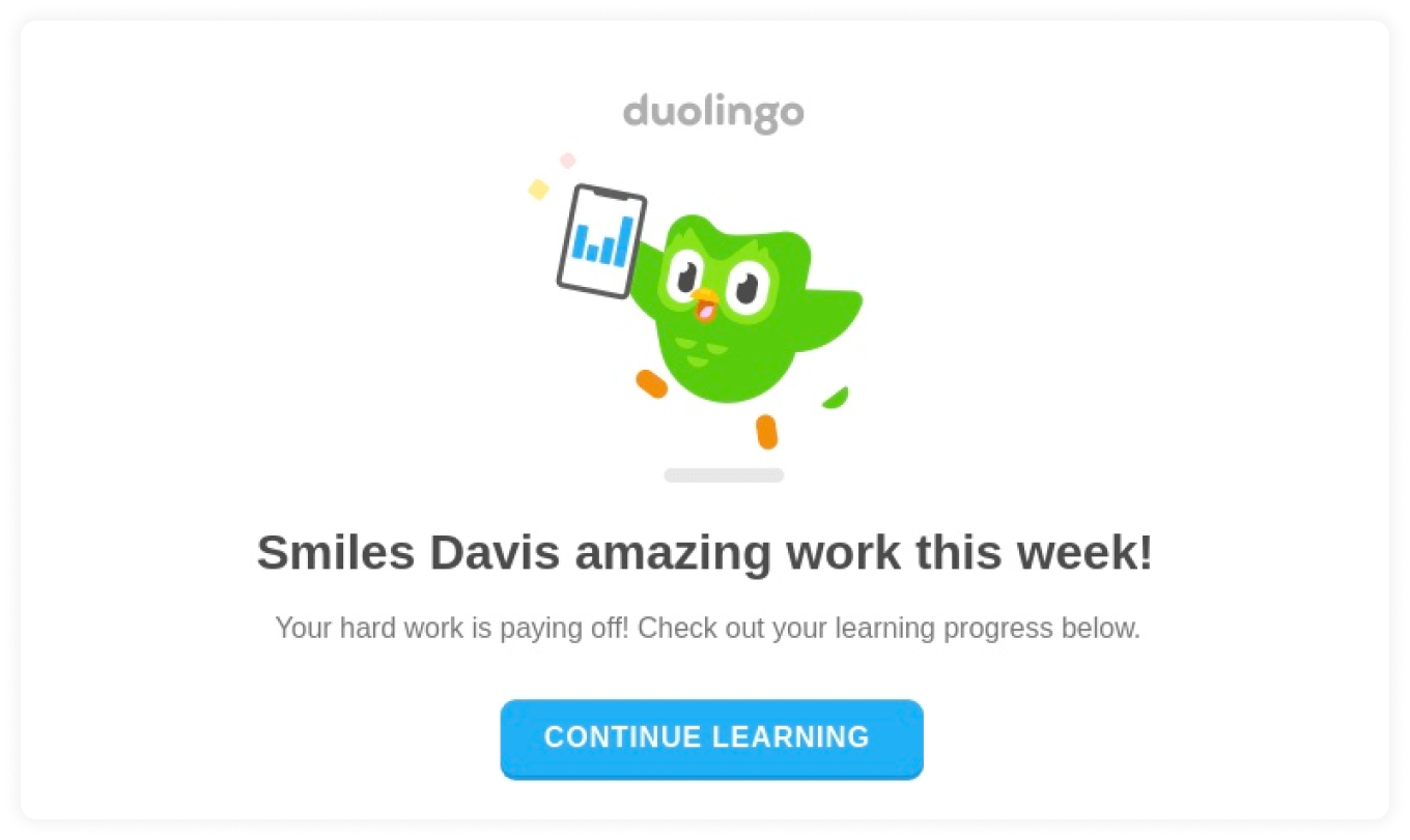 Brand mascot in email header by Duolingo