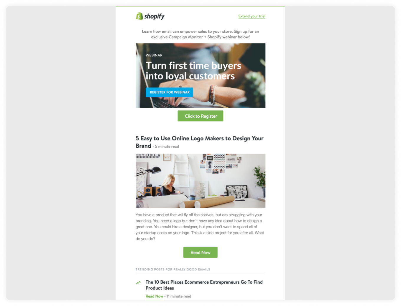 Shopify's email inviting businesses to attend webinar