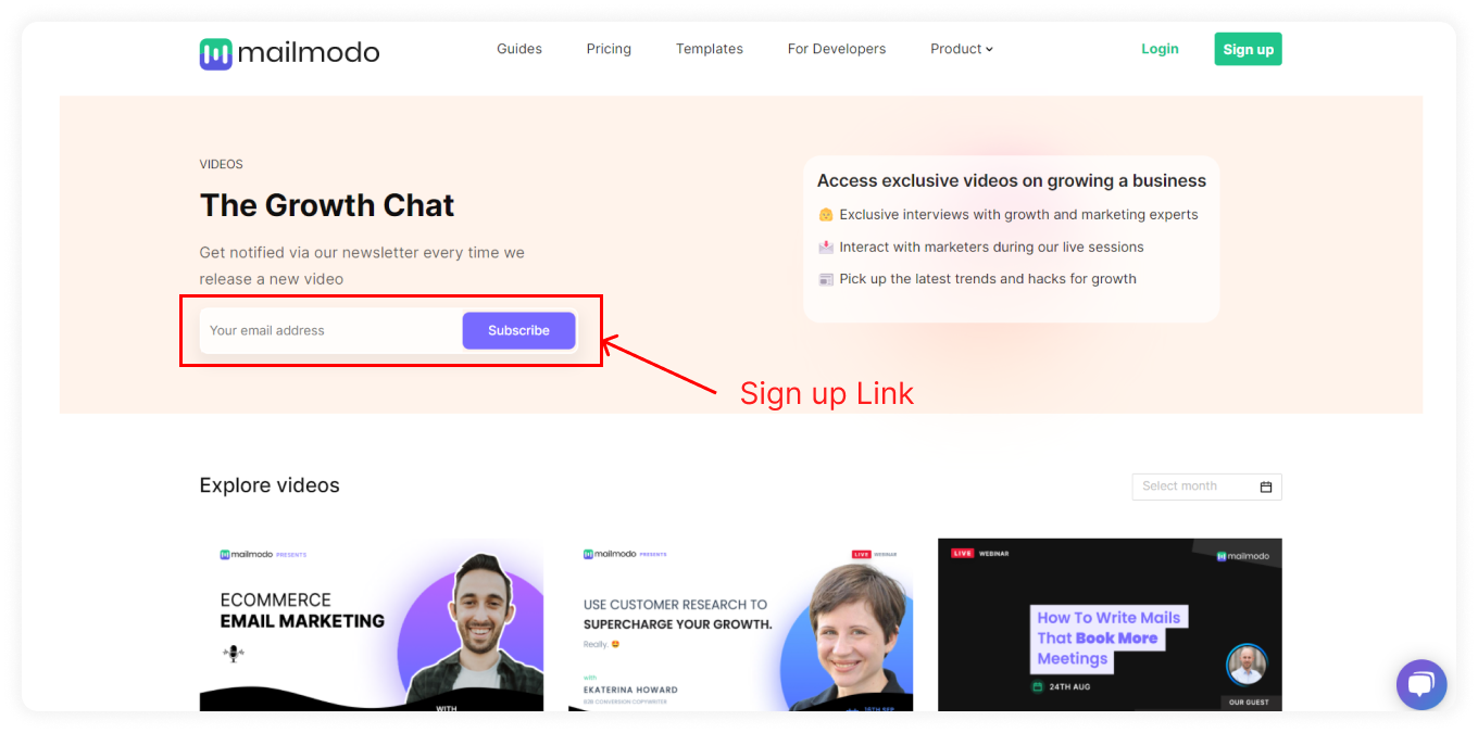 Signup link on Mailmodo's video landing page