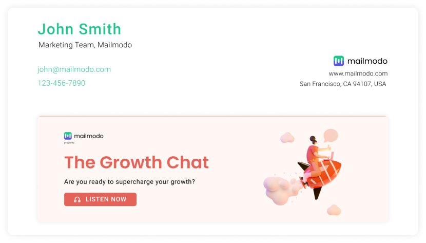 Email signature with a banner that promotes Mailmodo's podcast