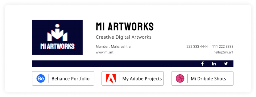 Email signature with Behance, Adobe, and My Dribble portfolio links