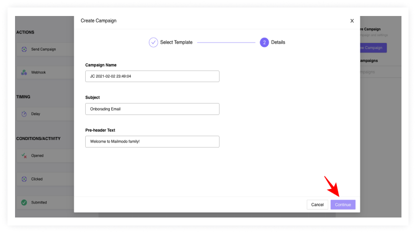 Three boxed to add campaign name, subject line, and preheader text