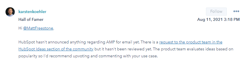 hubspot forum discuss stating hubspot don't have amp emails