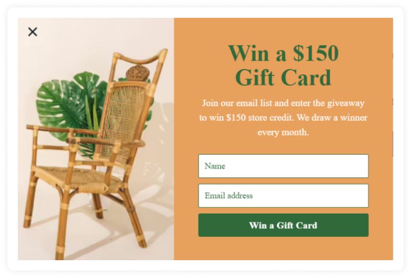 pop-up showing chance to win $150 gift card 