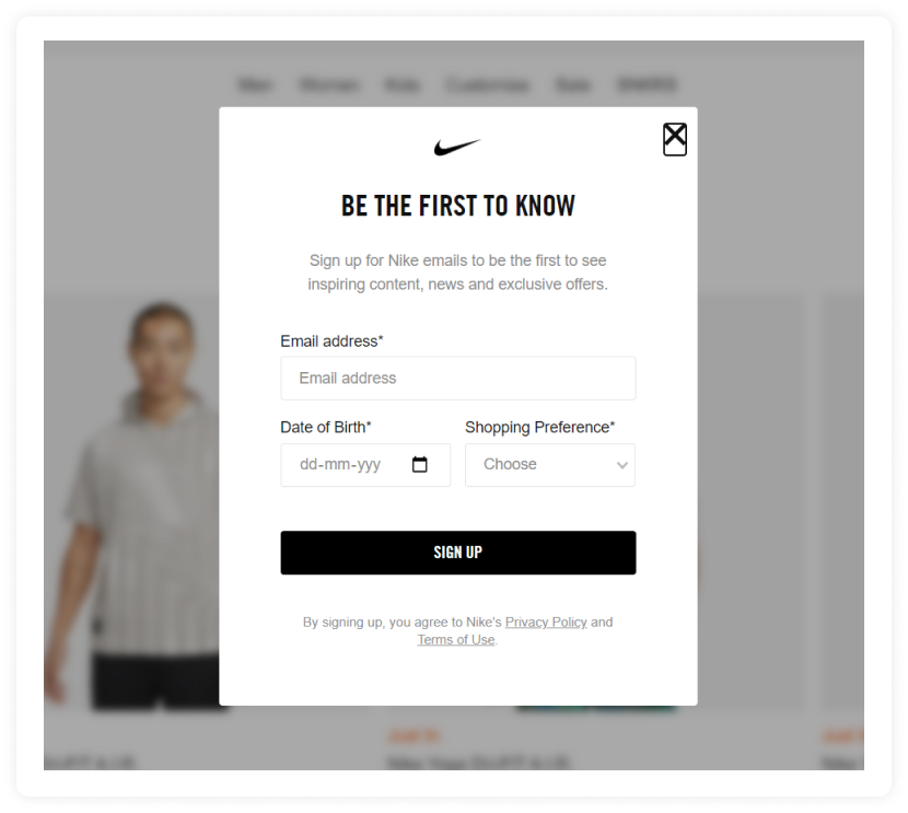 Nike's pop-up for newsletter sign-up