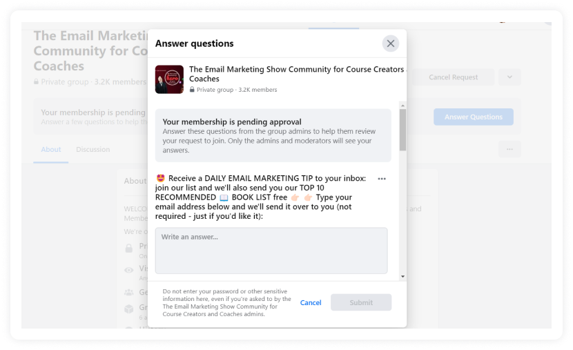 A question to join The Email Marketing Show's Facebook group