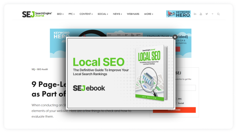 Search engine journal's pop-up promoting their free Local SEO e-book