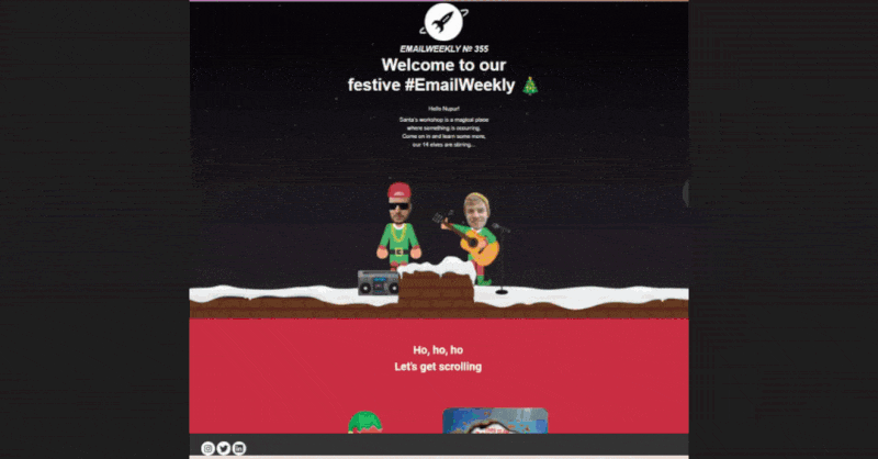 An interactive illustration of Santa moving down while scrolling down the email