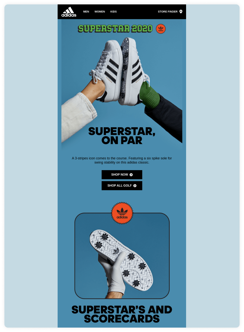 Adidas showcasing newly launched footwear in email using  amazing product photography