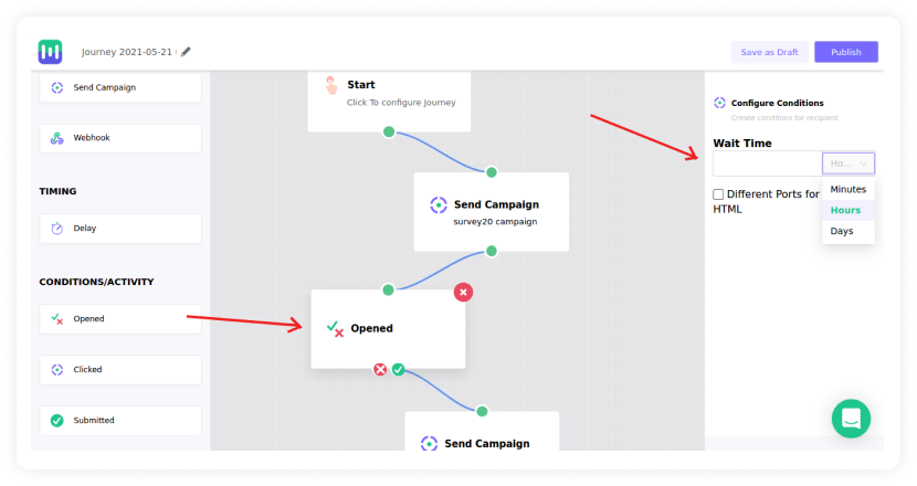 Showing how to apply the “Opened” condition to trigger emails.