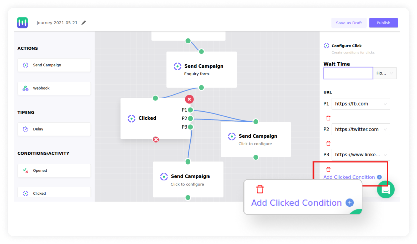 Showing how to apply the “Clicked” condition to trigger emails.