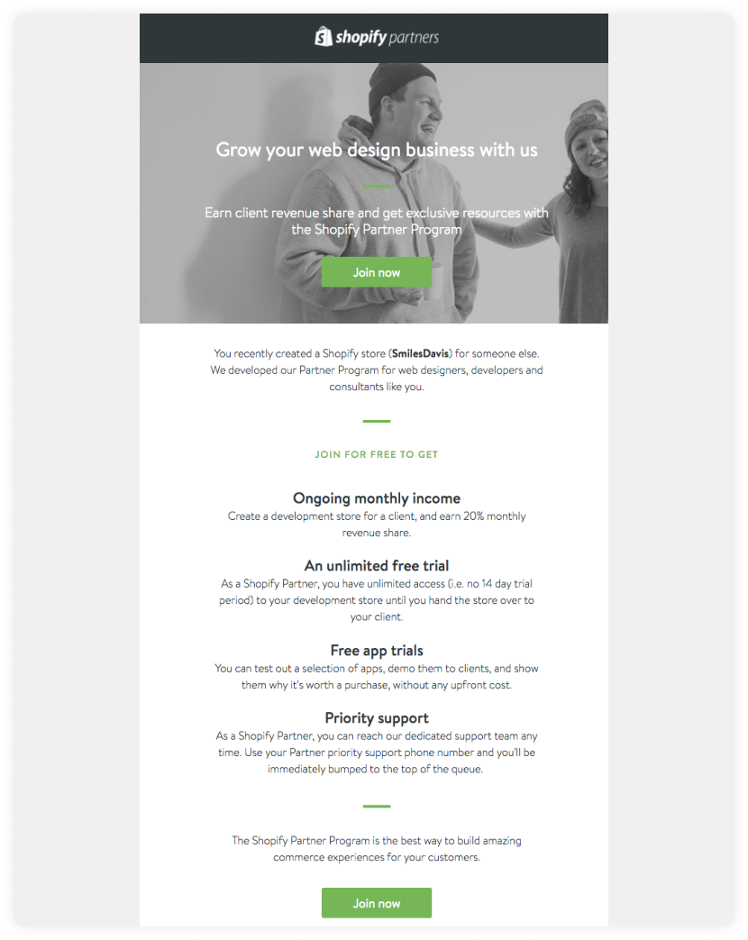 Shopify's b2b email promoting their partner program