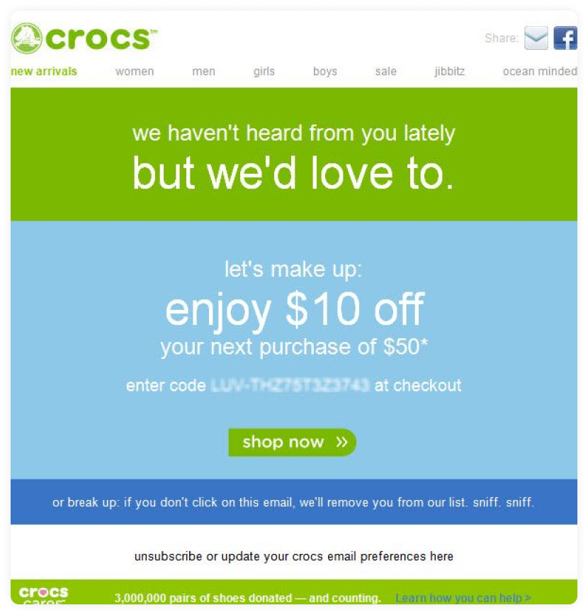 Re-engagement email offering 10% off on the next purchase of $50.png