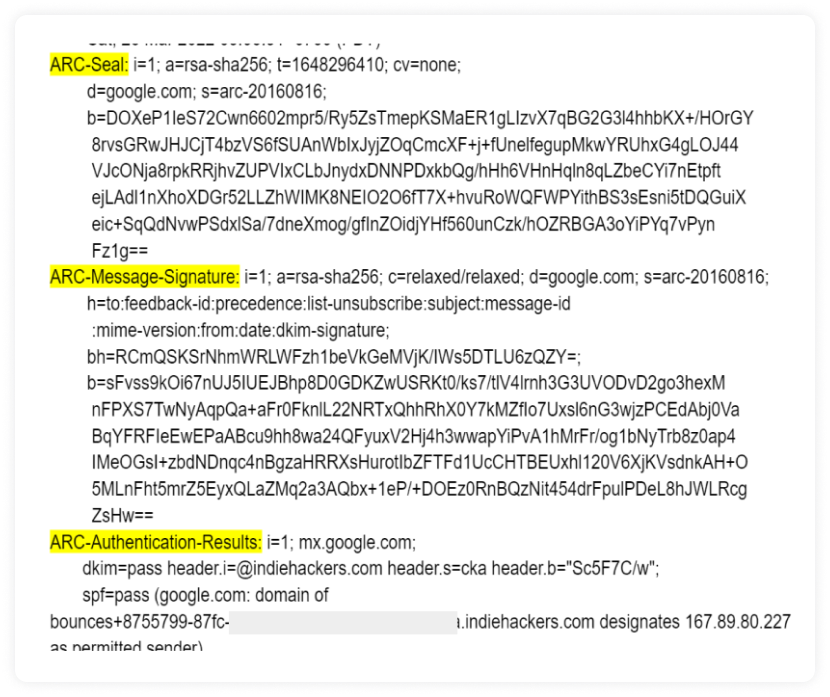 ARC-seal, ARC-signature, and ARC-authentication result shown in email header